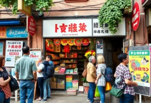 A bustling local shop with customers interacting and local promotional materials displayed.