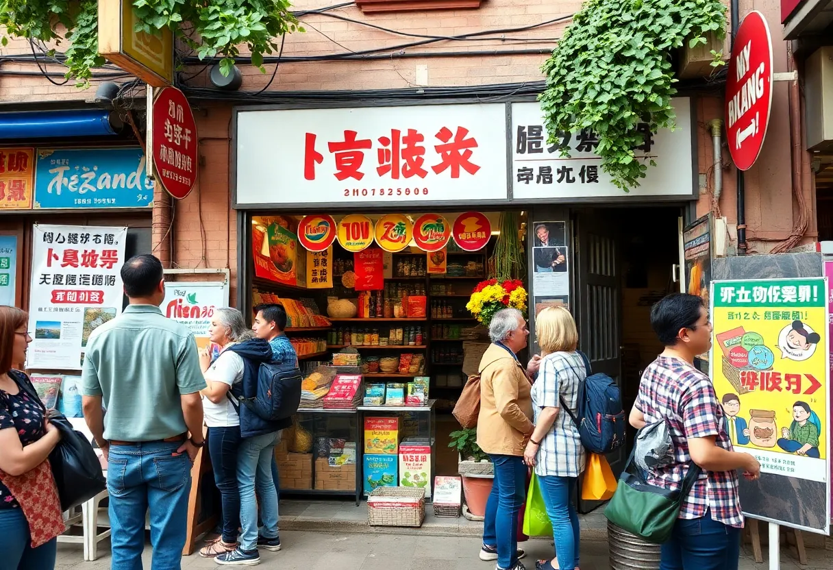 A bustling local shop with customers interacting and local promotional materials displayed.