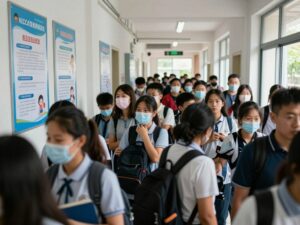 Students in a school hallway discussing the measles outbreak.