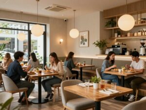 Interior of Millers All Day cafe showing brunch patrons and a cozy atmosphere