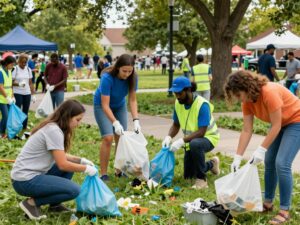 Diverse community members engaging in a litter cleanup to honor MLK Day