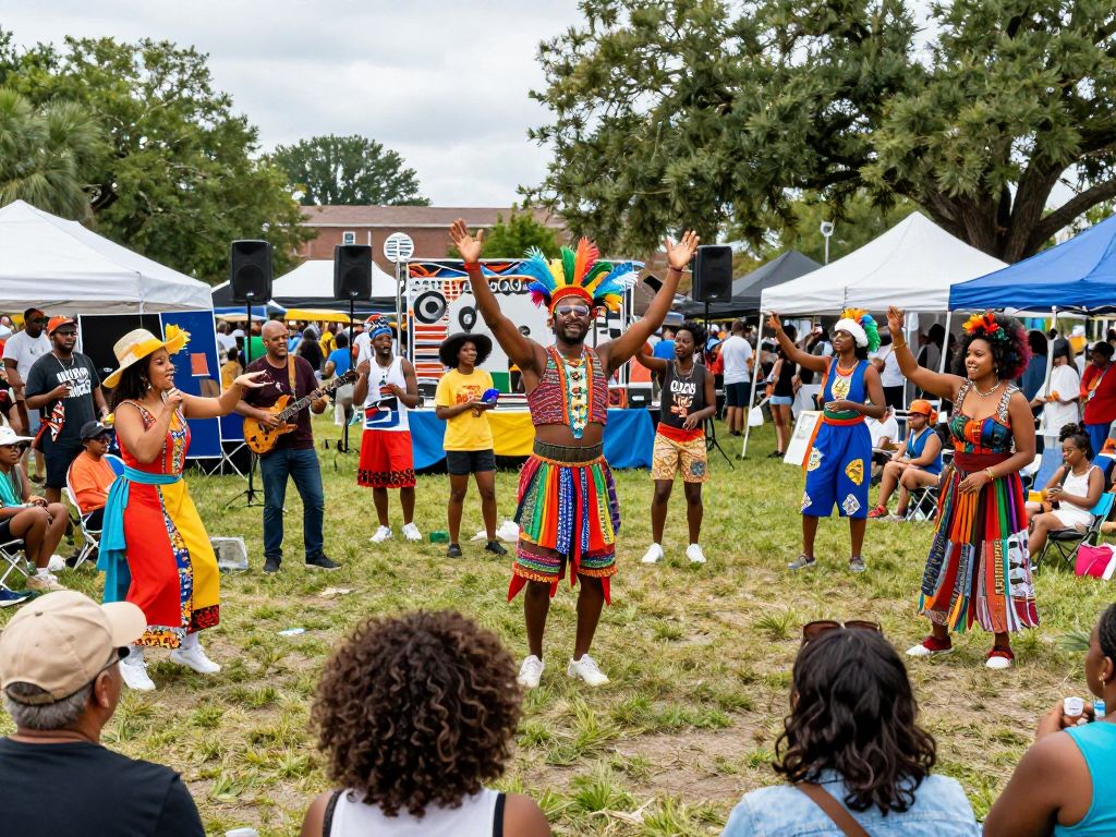 A colorful scene from the MOJA Arts Festival showing diverse cultural performances.