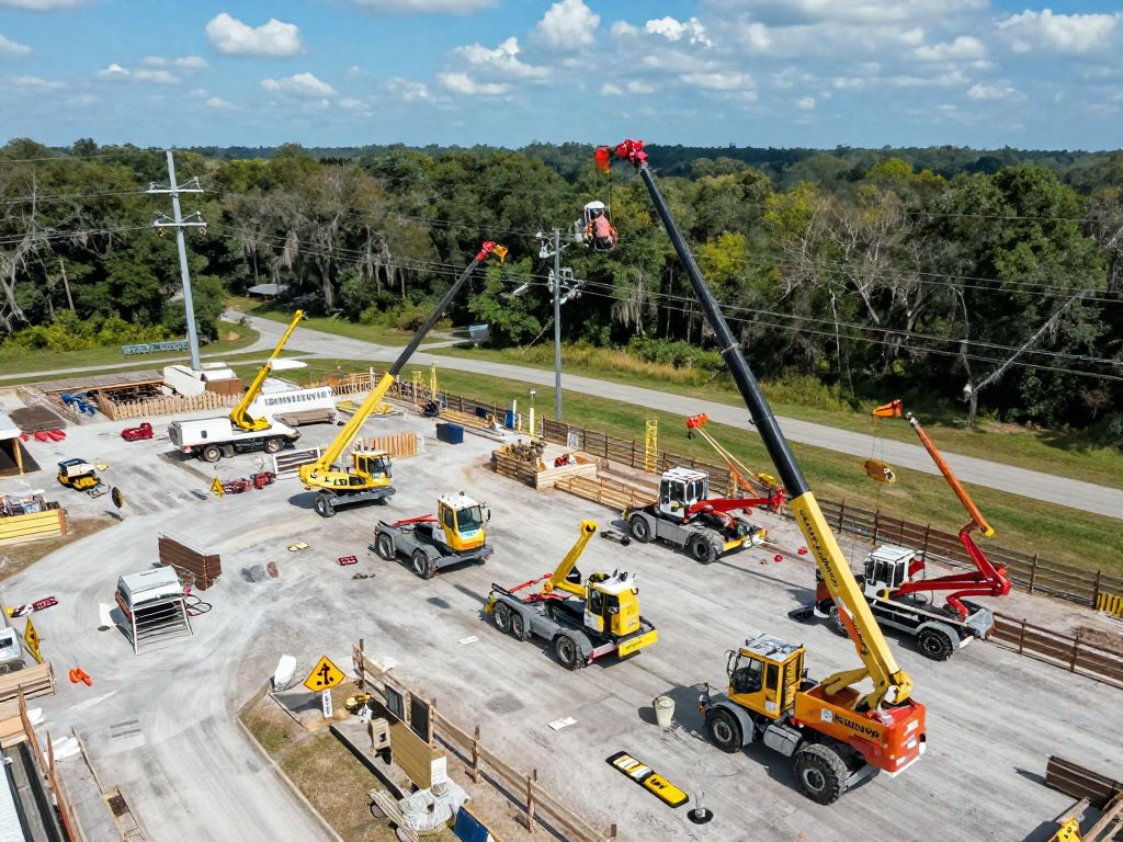Construction site in North Charleston with cherry picker and power lines.