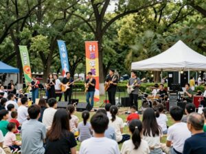 Families enjoying the Palmetto Park Jam concert in Charleston