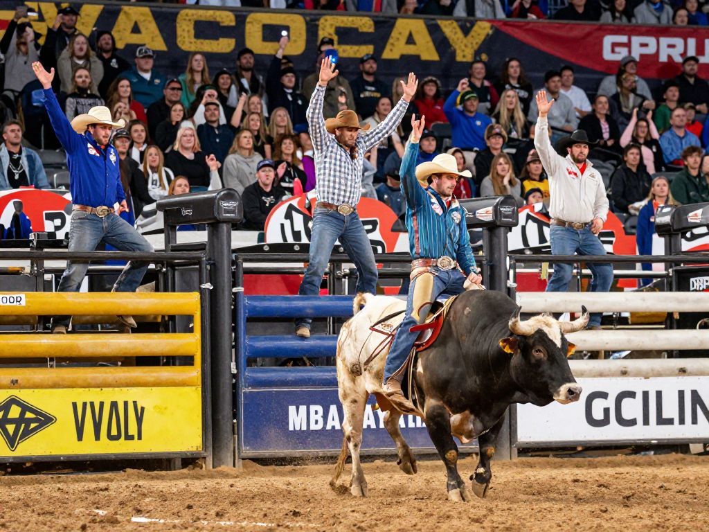 Bull riding action at the PBR Velocity Tour in Charleston, West Virginia.