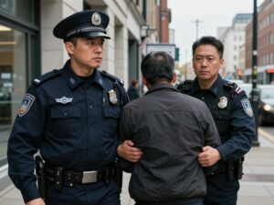 Police officer arresting a suspect after a bank robbery