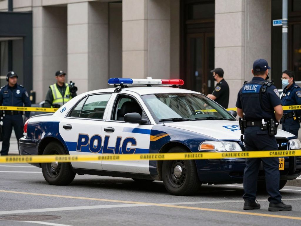 Police officers investigating a crime scene with police tape and a patrol car