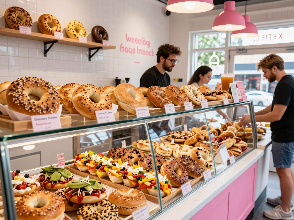 Assorted bagels with fresh toppings in a modern bagel shop