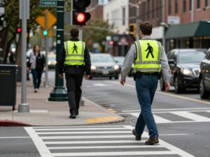 A crosswalk on Rivers Avenue highlighting road safety measures.