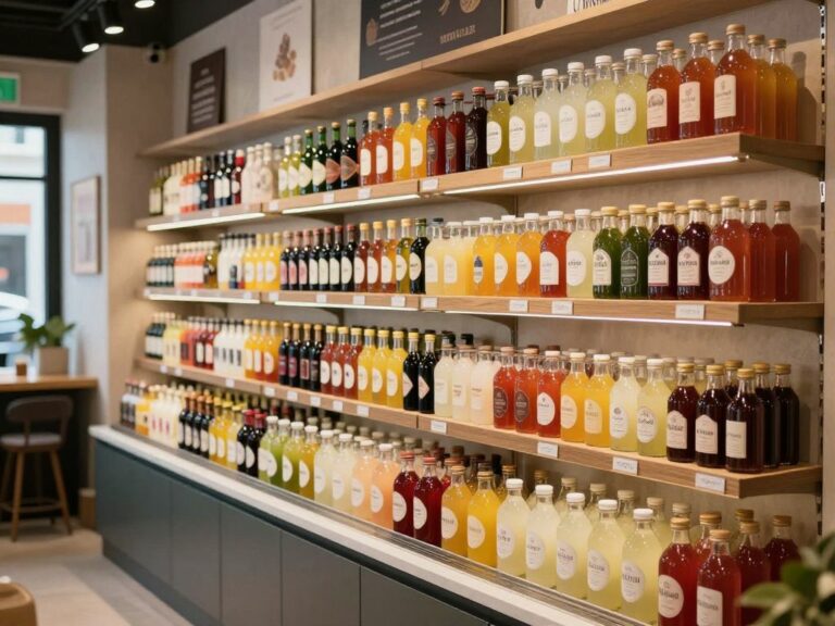 Interior of Sèchey shop with non-alcoholic drinks displayed