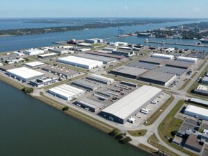 Aerial view of the Shipyard Creek Logistics Center with logistics facilities and port infrastructure.