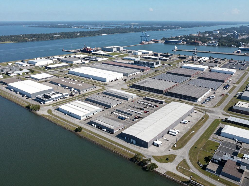 Aerial view of the Shipyard Creek Logistics Center with logistics facilities and port infrastructure.