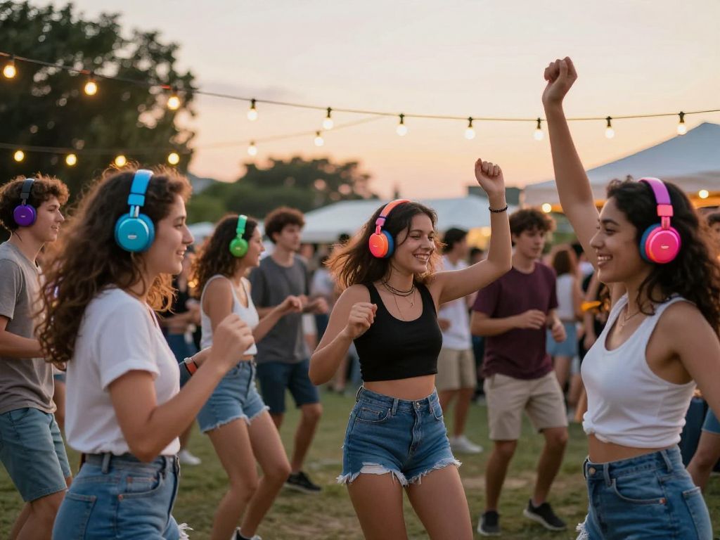 Residents enjoying a Silent Dance Party in Hollywood, SC, dancing with wireless headphones.