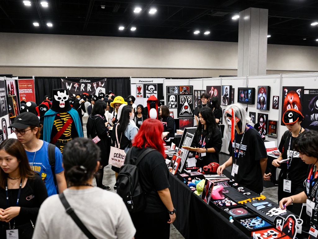 Fans enjoying the Spooky Empire horror convention with costumes and memorabilia.