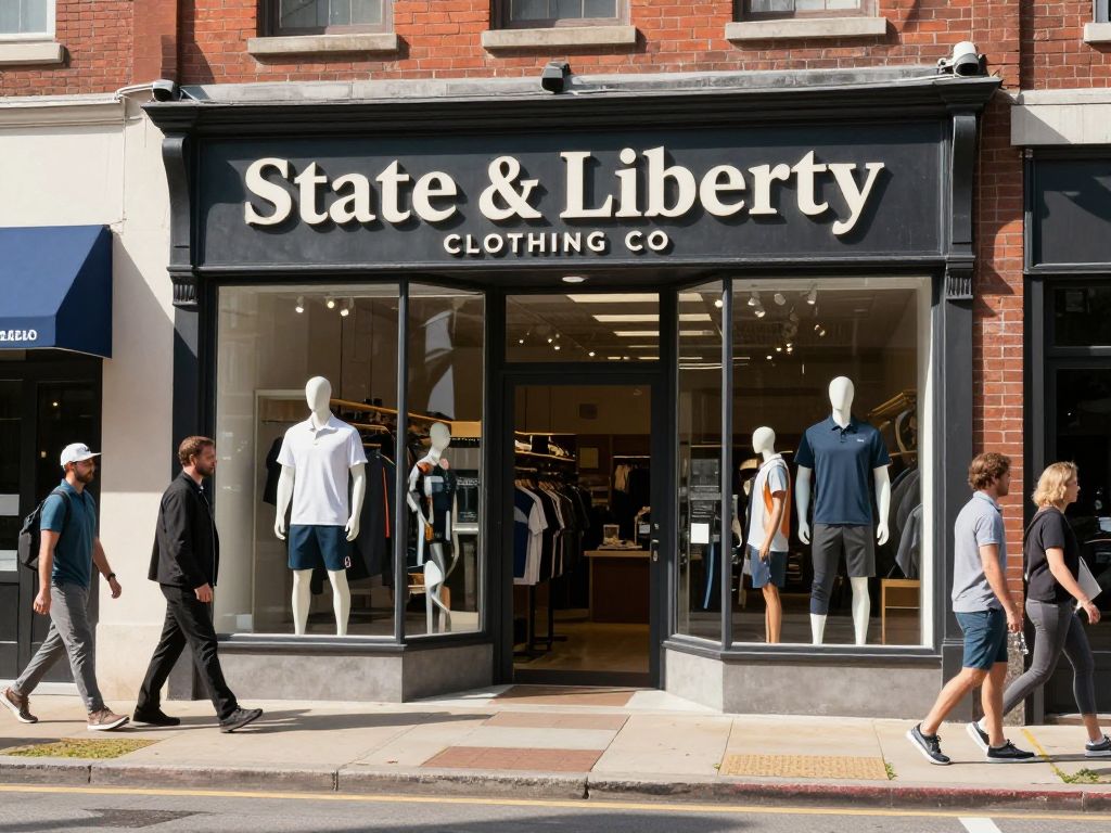 Exterior of State & Liberty Clothing Co. in Greenville, emphasizing performance menswear for athletic men.