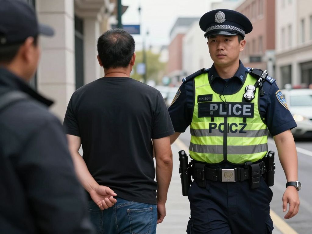 Police action scene of a suspect being apprehended in a city environment