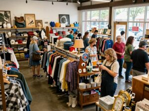 Charleston SC thrift store scene with shoppers exploring second-hand items