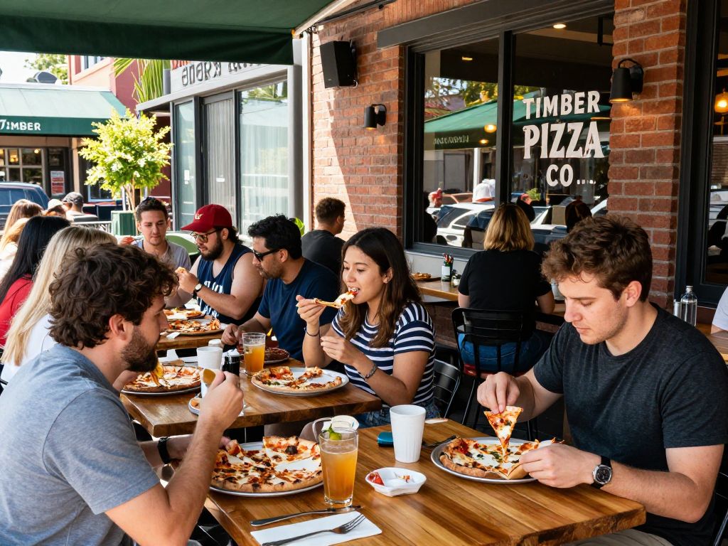 Timber Pizza Co. restaurant in Charleston with customers enjoying pizza