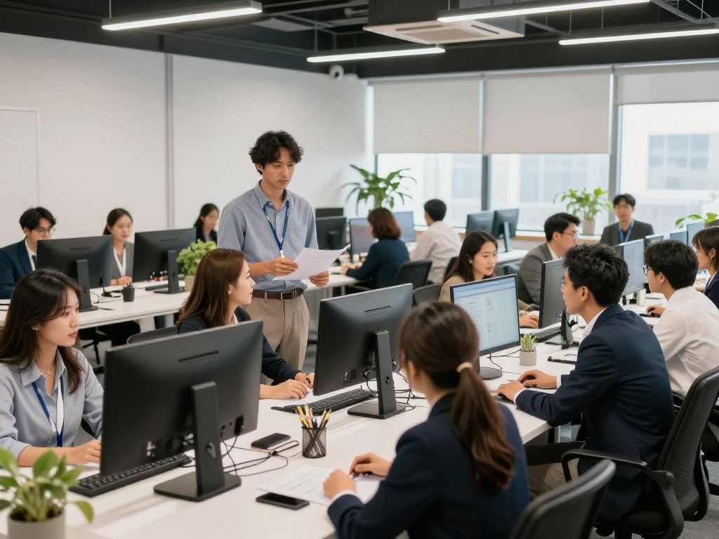 Financial professionals collaborating in a modern office setting post-merger.