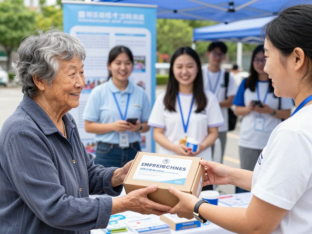 Elderly residents receiving emergency preparedness kits at a community event in Walterboro.