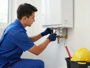 Professional plumber installing a water heater in a home.