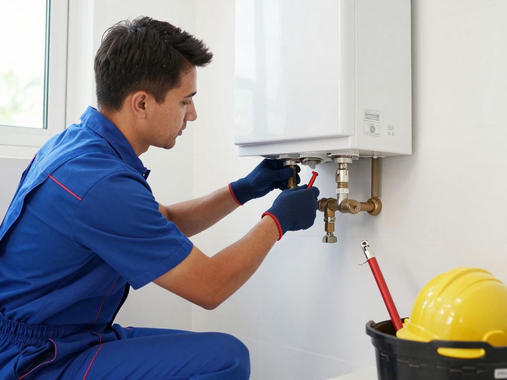 Professional plumber installing a water heater in a home.