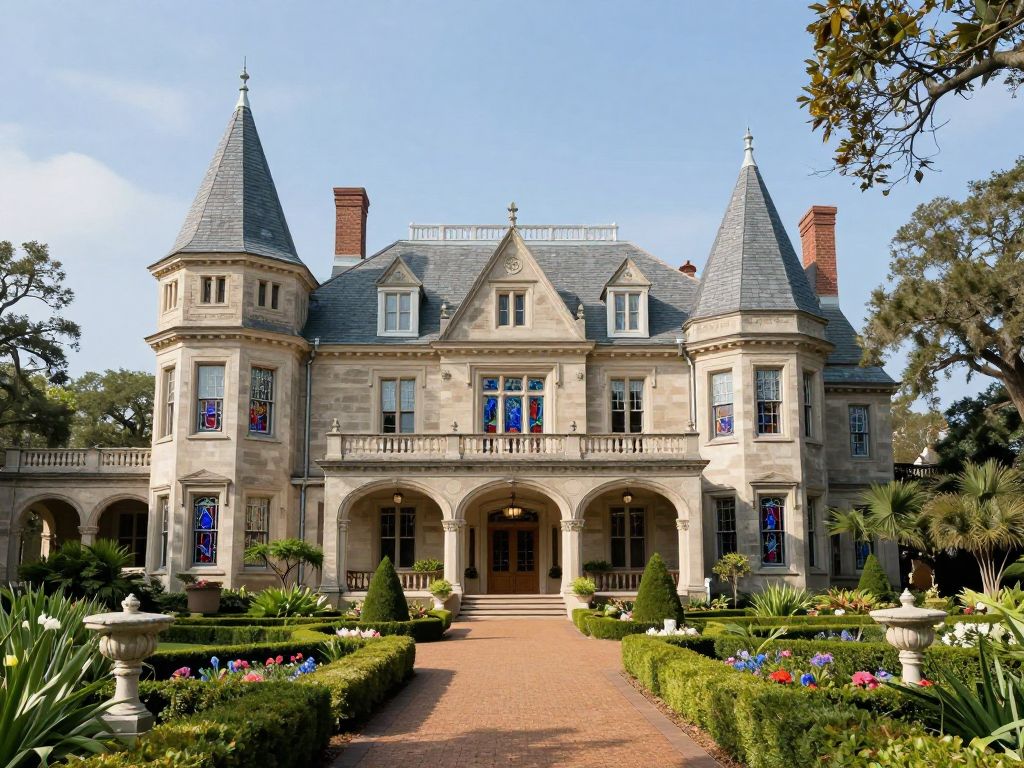 The Wentworth Mansion with distinct turrets and stained-glass windows in Charleston, SC