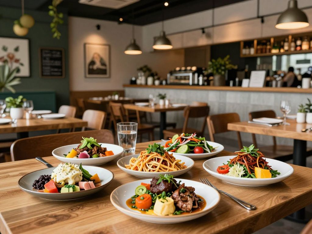 Interior view of A Peace of Soul Vegan Kitchen showcasing colorful plant-based dishes.