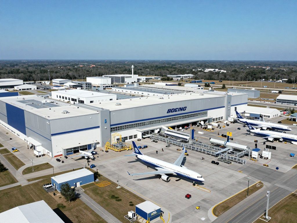 Aerial view of Boeing South Carolina facility with planes