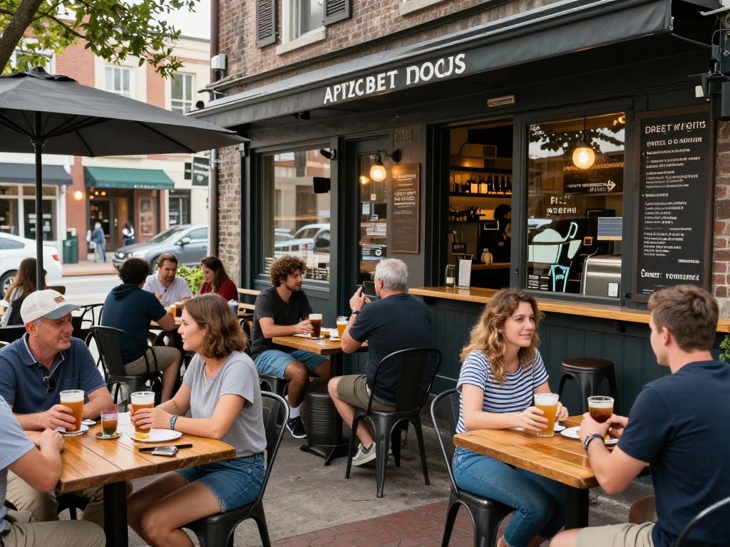 Exterior view of a brewpub and coffee shop in West Ashley, Charleston