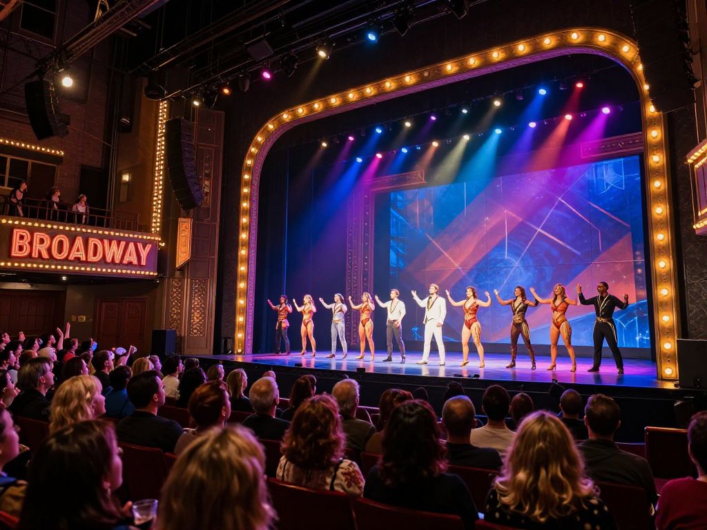 Audience enjoying a Broadway musical performance with colorful lights.