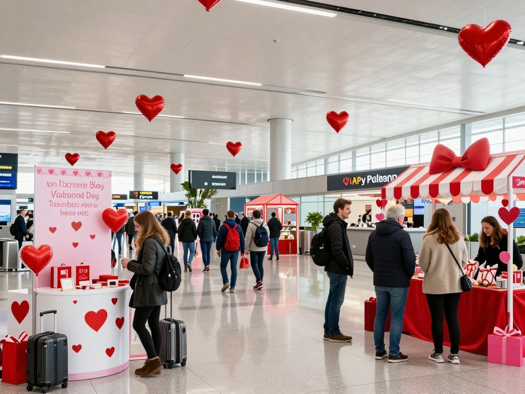 Travelers enjoying Valentine's Day decorations and events at Charleston International Airport.