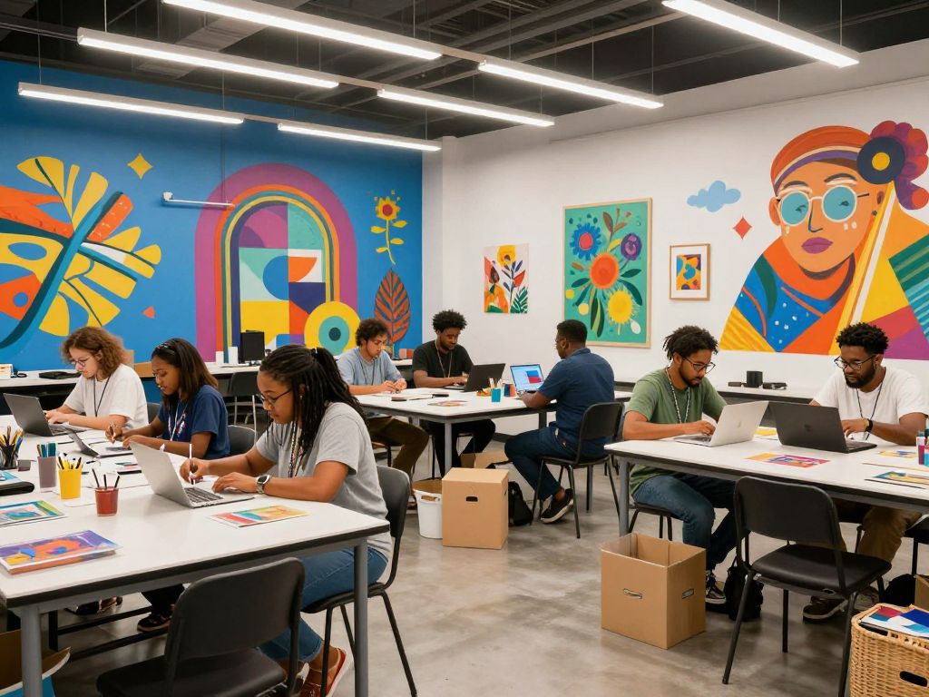 A dynamic workspace within the Charleston Arts and Culture Lab, featuring artists collaborating on creative projects.