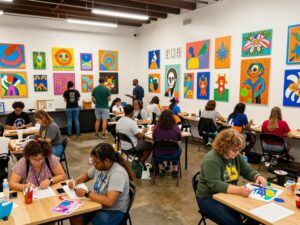 A community gathering at the Charleston Arts and Culture Lab with artworks displayed.