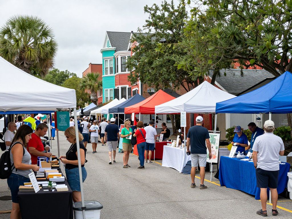 A colorful scene from the Charleston Black Expo with attendees interacting and local vendors showcased.