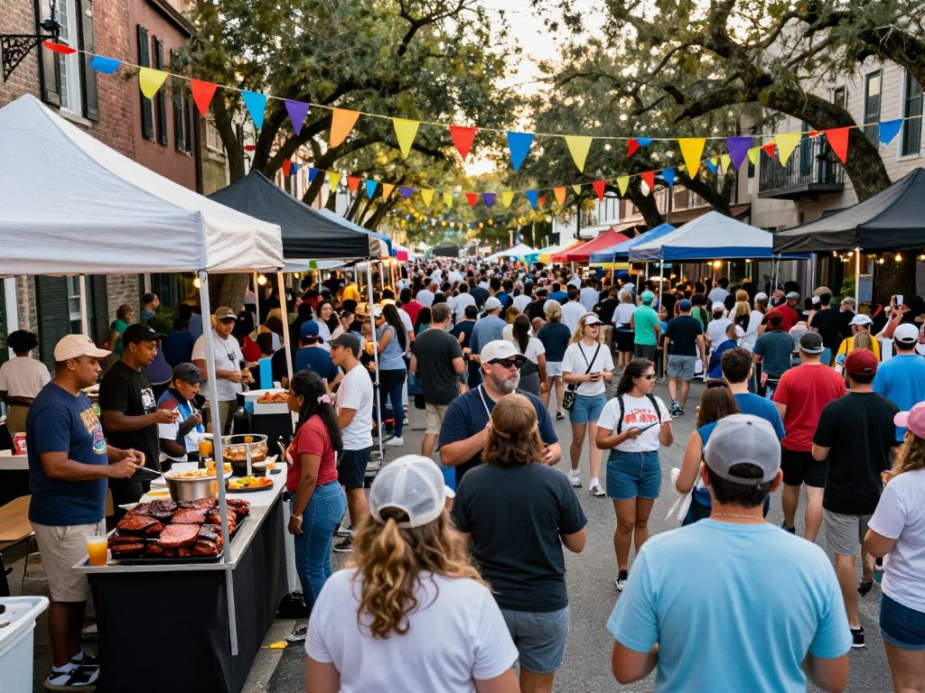 Crowd enjoying the Charleston Block Party with live music and barbecue