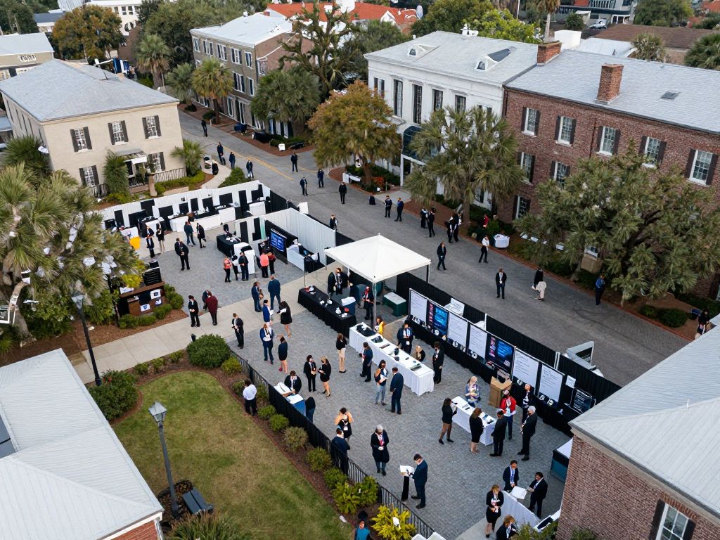 A vibrant business summit in Charleston SC with attendees networking