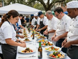 Chefs preparing and serving food at the Charleston Chefs' Feast fundraising event.