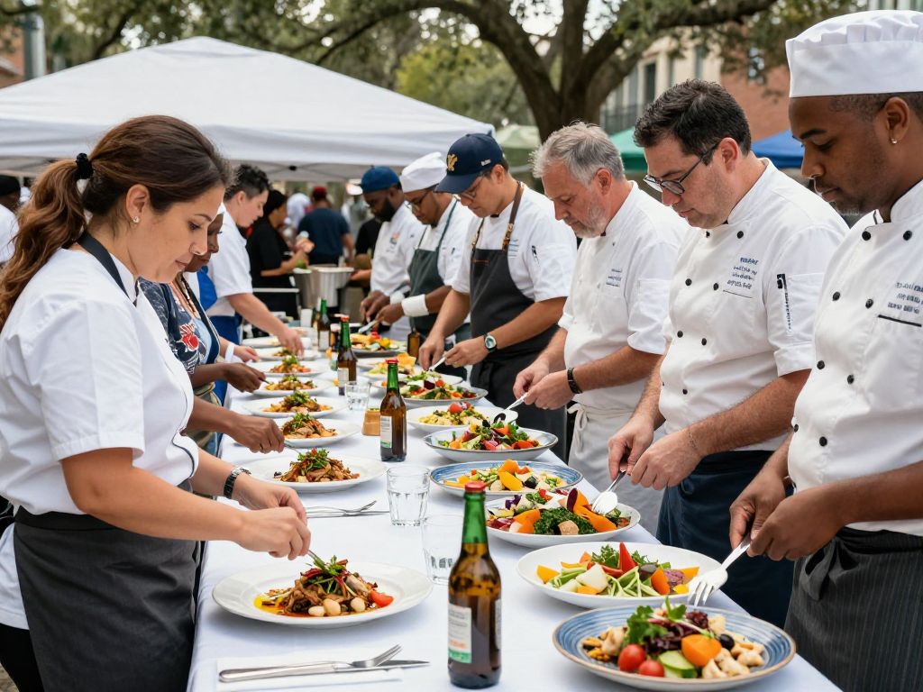 Chefs preparing and serving food at the Charleston Chefs' Feast fundraising event.