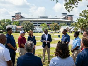 The Citadel stadium with rooftops of nearby homes in Charleston.