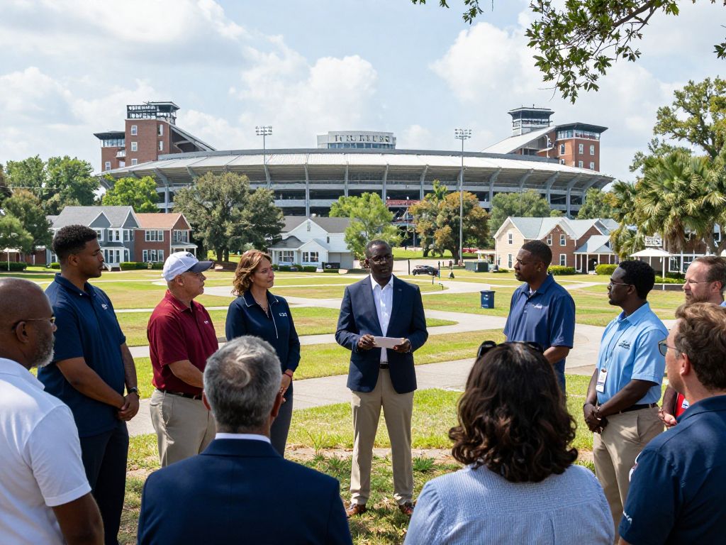 The Citadel stadium with rooftops of nearby homes in Charleston.