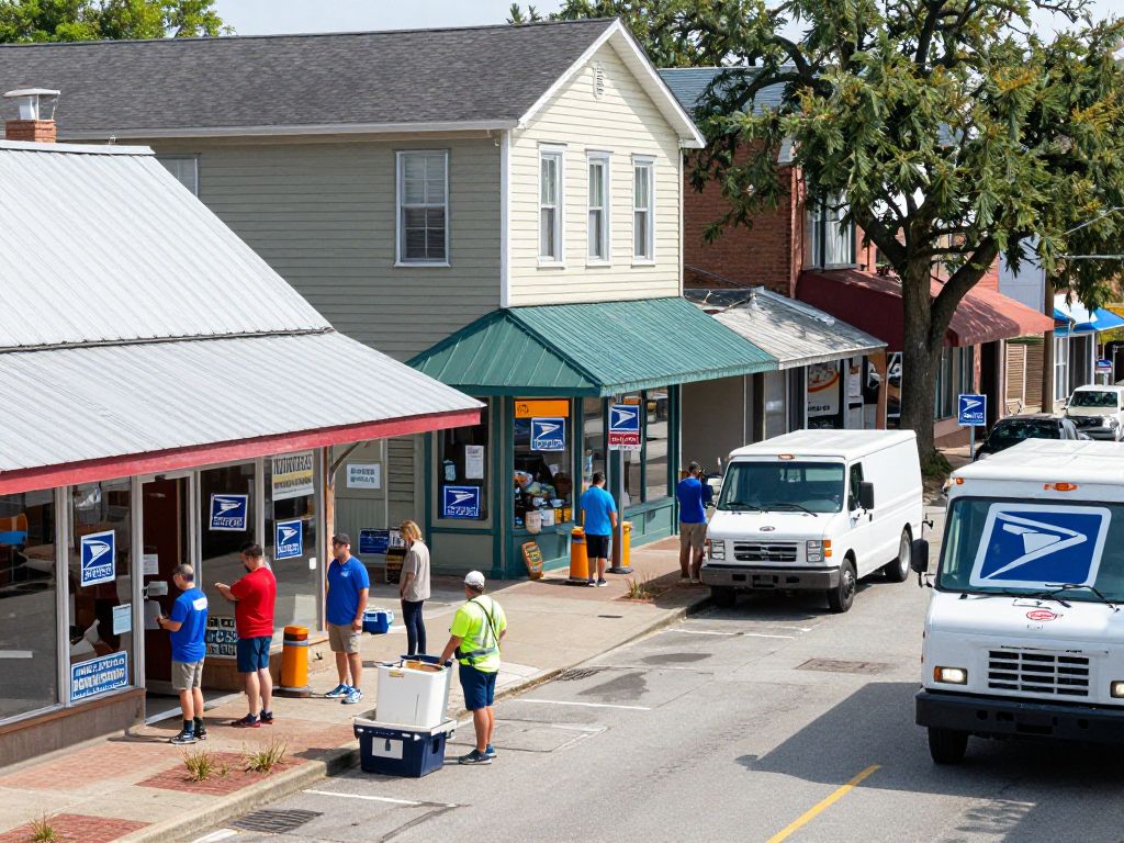 A Charleston street scene showcasing local businesses interacting with postal services.