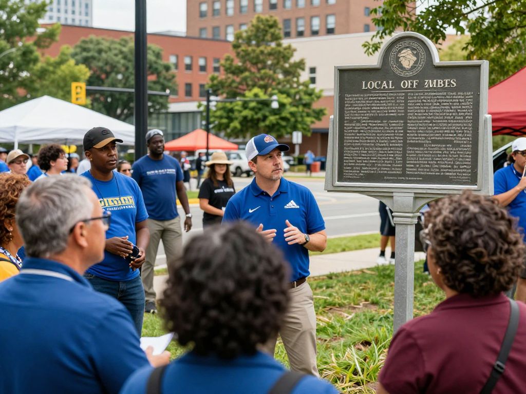 Community members engaging in discussion about a historical marker in Charleston.