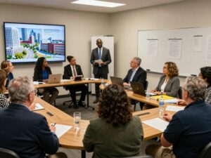 Charleston residents at a community meeting discussing the impacts of a new zoning bill regarding state universities.