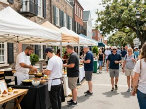 A vibrant scene from the Charleston Culinary Festival with food stalls and people enjoying local dishes.