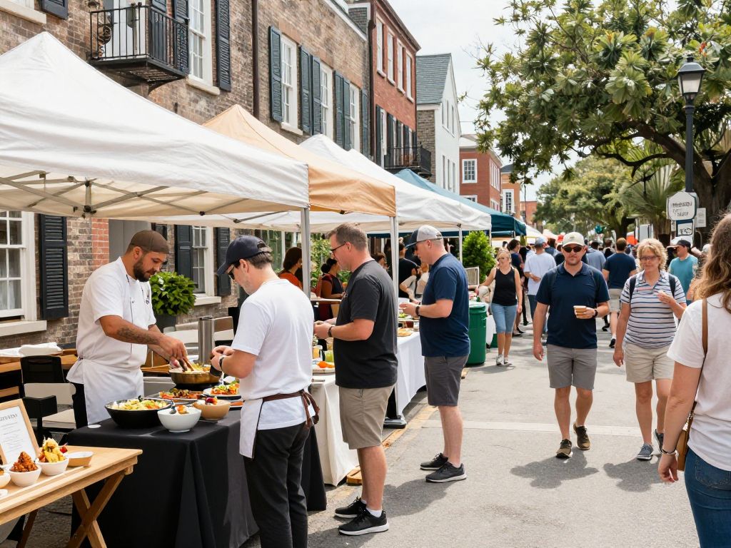 A vibrant scene from the Charleston Culinary Festival with food stalls and people enjoying local dishes.