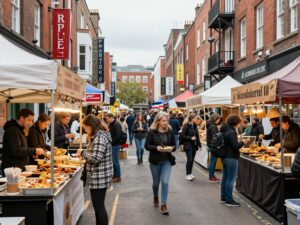 People enjoying Charleston Wine + Food Festival in historic streets.