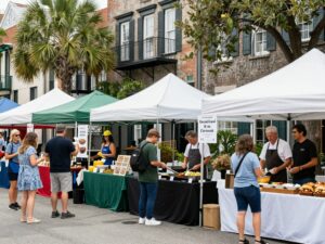 Crowd enjoying food at Charleston's culinary festival in historic streets