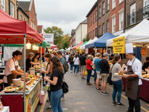 Vibrant street filled with food stalls during Charleston's Culinary Festival.