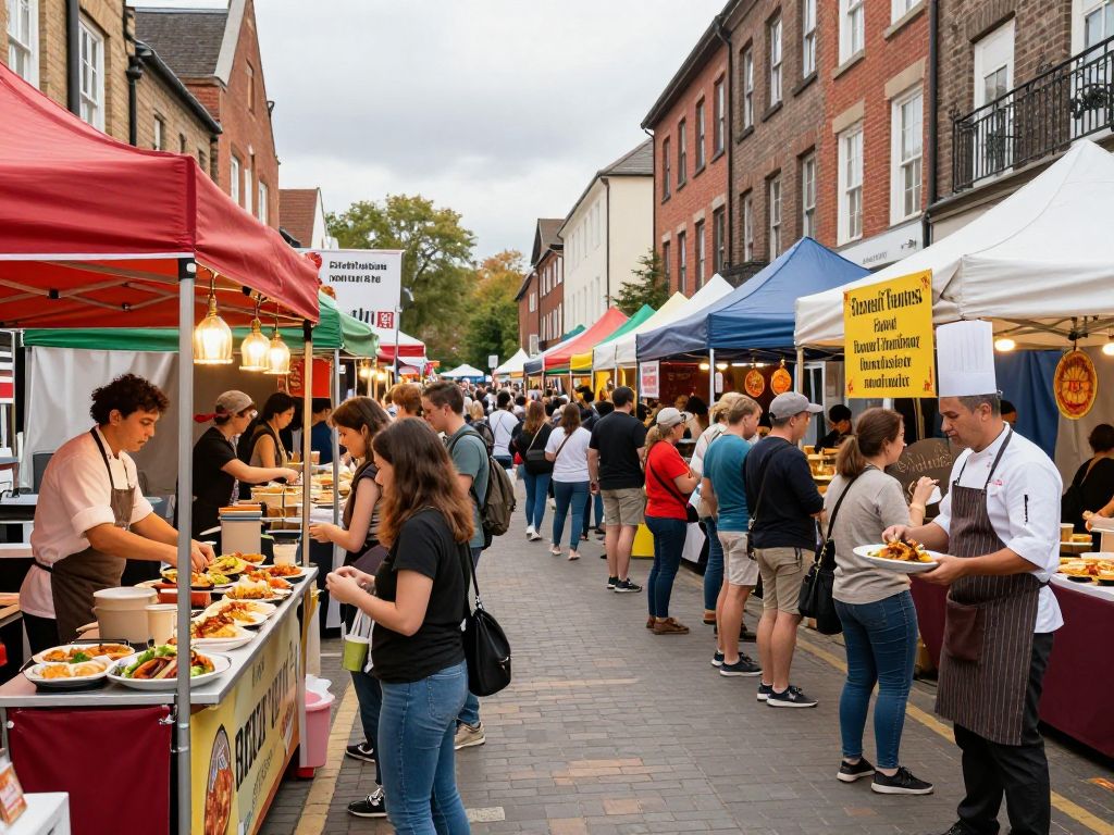 Vibrant street filled with food stalls during Charleston's Culinary Festival.
